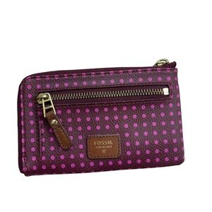 Fossil Womens Burgundy Pink Polka Dot Coin Purse Wallet Zip PVC Leather